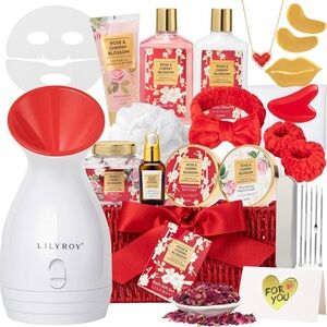 NWT Rose Spa Gift Basket for Women – 27 Pc Bath & Body Set - Red